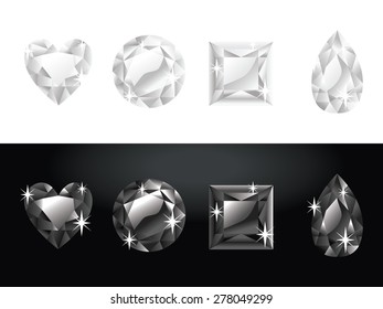A vector illustration set of black and white diamonds in four different gemstone shape.