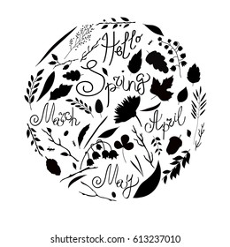 Vector illustration, set, black and white silhouette. A set of elements - symbols of spring. Leaves, branches, blades of grass, flowers. Labels Hello Spring, March, April May