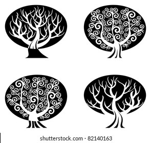 vector illustration of a set of black and white trees  isolated on white background