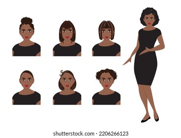 Vector Illustration, set of black woman hair style. Black beauty concept on white background.