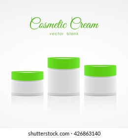 Vector illustration: Set of Blank Cosmetic Container for Cream with with green lids.