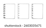 Vector illustration of a set of blank paper sheets. Hand drawn sketch featuring notepads, spiral bound pages, and memo sheets, perfect for planners and journals. Isolated on a white background