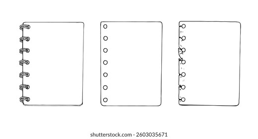 Vector illustration of a set of blank paper sheets. Hand drawn sketch featuring notepads, spiral bound pages, and memo sheets, perfect for planners and journals. Isolated on a white background