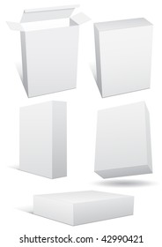 Vector illustration set of a blank (retail) box in different 3D views. All objects are isolated. Box has a transparent background. Colors and white background color are easy to adjust/customize.