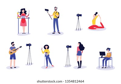 Vector illustration set of bloggers recording video with camera or mobile phone - various people making online streaming or leading webinar in flat style isolated on white background.