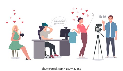 
Vector illustration set of bloggers recording video with camera or mobile phone - various people making online streaming or leading webinar on white background.
