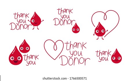 Vector illustration set of blood drop character. Thank you donor lettering slogan. Cute and kind little red droplets. Good for logo, stickers, poster, paper cards for world blood donor day 14th june.