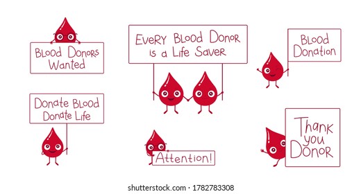 Conjunto de ilustraciones vectoriales de los caracteres de gota de sangre. Lemas con letras de donación de sangre. Pequeñas y lindas gotas rojas. Bien por el logo, pegatinas, afiches, tarjetas de papel para el día 14 de junio de donante de sangre mundial.