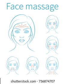 Vector illustration: set of blue contour hand drawn european female face  icons with Face Massage  isolated on white background