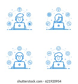 Vector Illustration Set Of Blue Flat Linear And Outline Style. Graphic Design Concept - Web Studio Team With Designer, Web Developer, Marketer, Art Director. Cute People With Laptop. Freelance Work.