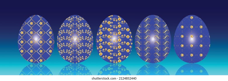 Vector illustration with set of blue and gold patterned easter eggs 