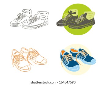 Vector illustration set blue, green, grey and orange sneakers 