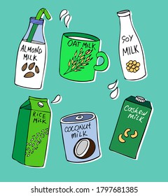 Vector illustration set in blue green and white colors. Plant based healthy fresh oat, soy, almond, rice, coconut and cashew milk in bottles, cup and package.