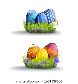 vector illustration of set of blue and orange eggs in grass near stones with daisies or blue flowers. Realistic image of Easter isolate on a white background