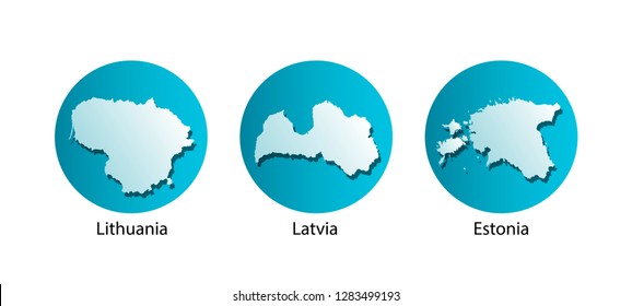 Vector illustration set with blue silhouettes of Baltic States maps (simplified outlines). Lithuania, Latvia, Estonia. Blue background