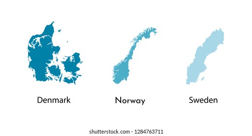 Vector illustration set with blue silhouettes of Scandinavian States maps (simplified outlines). Denmark, Norway, Sweden. White background