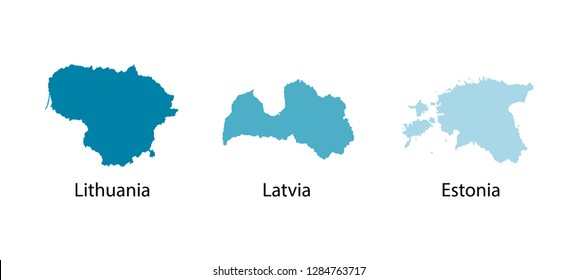 Vector illustration set with blue silhouettes of Baltic States maps (simplified outlines). Lithuania, Latvia, Estonia. White background