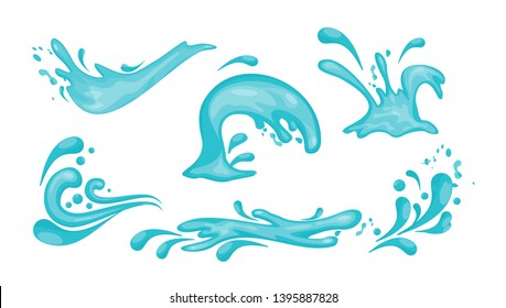 Vector illustration set of blue water splashes and waves in flat style isolated on white background.