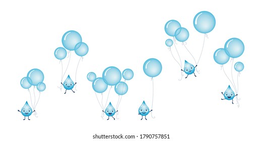Ilustración vectorial de agua azul y gotas de lluvia volando con globos de burbuja azul con cuerdas. Composición de niños para tarjetas, fondos, impresiones de tela, etc. Personajes alegres y divertidos de dibujos animados.