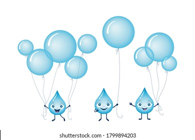 Vector illustration set of blue water and rain drop holding up a blue bubble balloons with strings. Childrens composition for cards, backgrounds, fabric prints etc. Happy and funny cartoon characters.