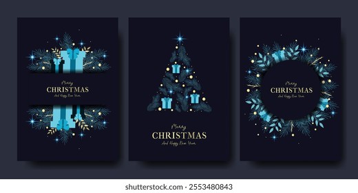 Vector Illustration. Set of Blue Xmas Posters in Modern Style. New Year Card Design with Tree, Toys, Fir Branch, Gift Box. Concept for Christmas, Invitations, Web, Social Media, Sales.