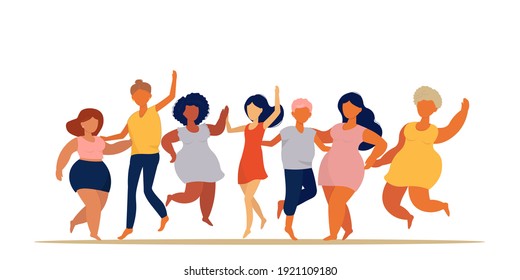 Vector illustration of a set of bodies of positive happy female characters, different, nation, age, The concept of self-acceptance, refusal of diets. Fat, thin girls, women dancing. Banner, poster.