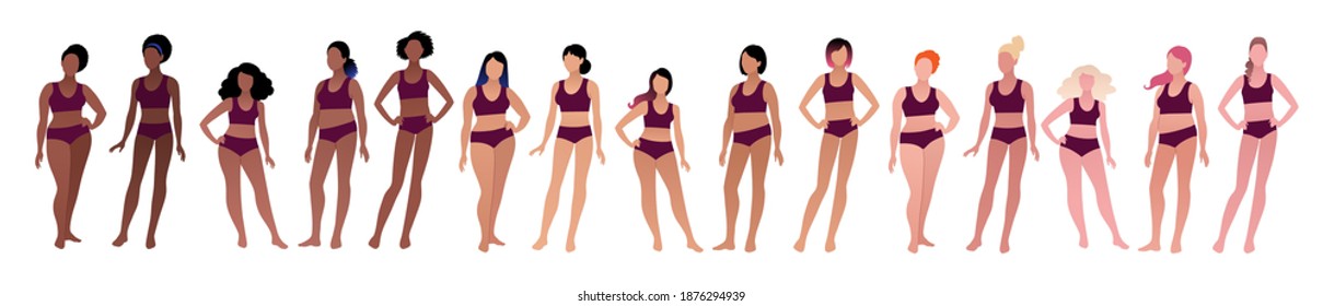 Vector illustration set of body positive multiethnic female characters isolated on white background.