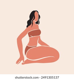 Vector illustration set of body positive multiethnic female characters. Beautiful set woman body silhouette art, beauty sketch figure girl in underwear or swimsuit beige color. Minimalist female body.
