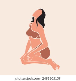 Vector illustration set of body positive multiethnic female characters. Beautiful set woman body silhouette art, beauty sketch figure girl in underwear or swimsuit beige color. Minimalist female body.
