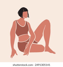 Conjunto de Ilustración vectorial de personajes femeninos multiétnicos positivos del cuerpo. Hermoso conjunto de arte de silueta del cuerpo de la mujer, dibujo de belleza figura chica en ropa interior o traje de baño color beige. Cuerpo femenino minimalista.