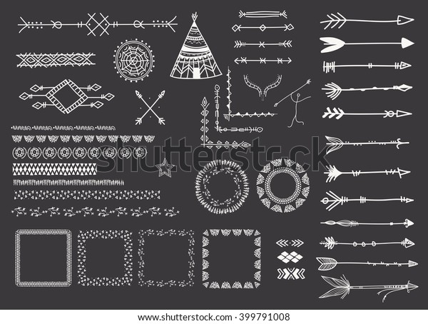 Vector illustration of a set of\
bohemian and ethnic seamless brushes and other design\
elements