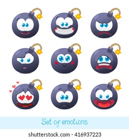 Vector illustration of the set of bomb emoticons isolated on white background