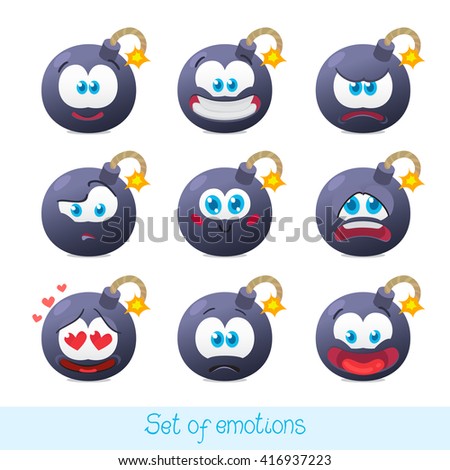 Vector illustration of the set of bomb emoticons isolated on white background