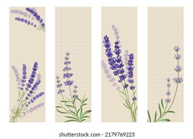 Vector Illustration. Set of bookmarks decorated with botanical art texture. Bookmarks with modern creative design decorated with lavender flowers printable template