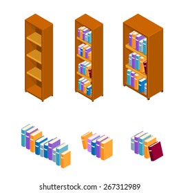 A vector illustration of a set of bookshelves.
Bookcases with books.
Isometric library books and shelves.