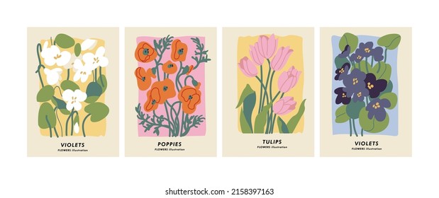 Ilustración vectorial conjunto de afiches botánicos diferentes flores. Arte para postales, arte mural, banner, fondo