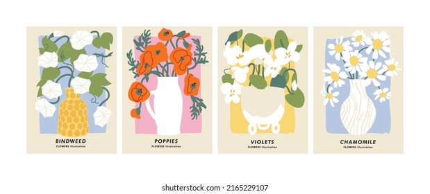 vector illustration set of botanical posters different flowers. art for for postcards, wall art, banner, background