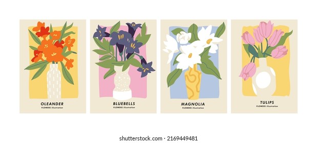 Vector illustration set of botanical posters different flowers. Art for for postcards, wall art, banner, background