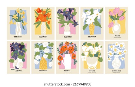 Vector illustration set of botanical posters different flowers. Art for for postcards, wall art, banner, background