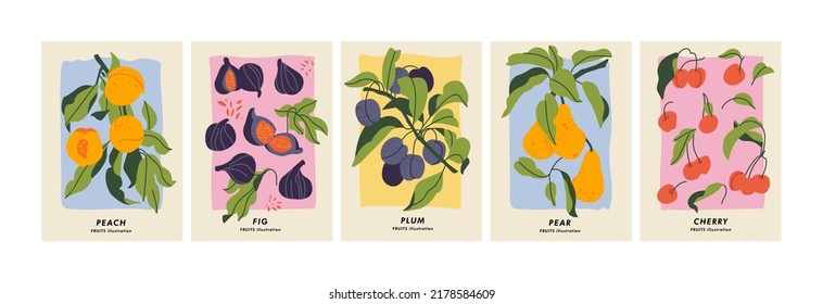 Vector illustration set of botanical posters with different fruits. Art for for postcards, wall art, banner, background