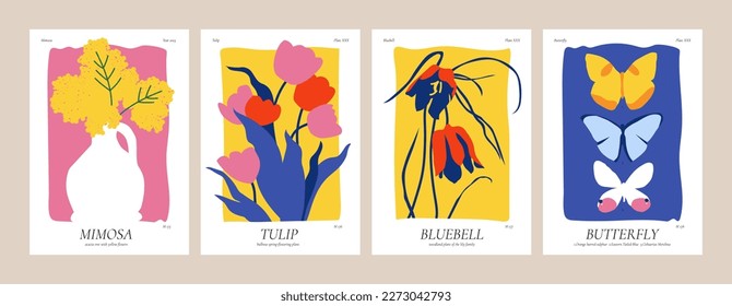 Vector illustration set of botanical posters different flowers, swallow birds and butterflies. Art for postcards, wall art, banner, background