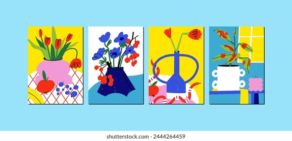 Vector illustration set of botanical posters with different flowers. Art for for postcards, wall art, banner, background. Modern naive groovy funky interior decorations