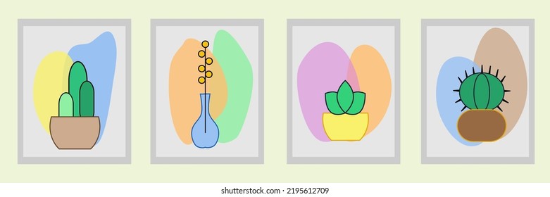 Vector illustration. Set of botanical wall art vectors. Abstract shape foliage art image with various vases. Set of botanical wall art vectors. Abstract Plant Art designs for print, cover, wallpaper e