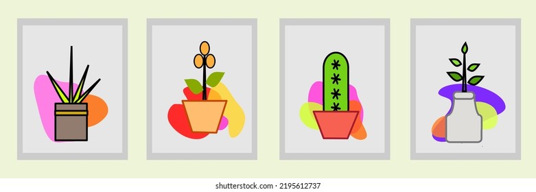 Ilustración vectorial. Conjunto de vectores botánicos de arte mural. Resumen de la forma de la imagen del follaje con varios jarrones. Conjunto de vectores botánicos de arte mural. Resumen Diseño de plantas para impresión, cubierta, papel pintado