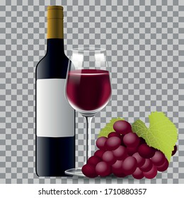 Vektorillustration, Weinflasche und Glas mit einem Haufen Weintrauben auf transparentem Hintergrund