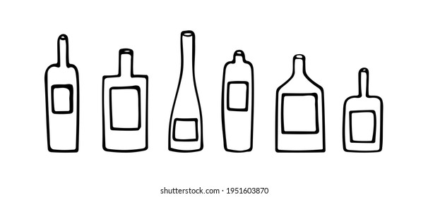 Vector illustration of a set of bottles of different shapes. Hand drawn icon and symbol for web, menu, print, poster, sticker, card design. Doodle design elements. 
