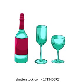Vector illustration of a set of bottles and glasses. Glassware for drinks, alcohol, champagne and wine isolated on white background.
