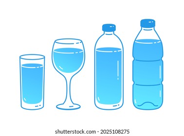 Vector illustration set of bottles and glasses of water. Minimalistic icon isolated on white background.