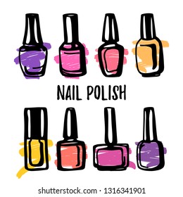 vector illustration of a set of bottles of nail Polish and bright paint strokes. Insulated elements for nail design