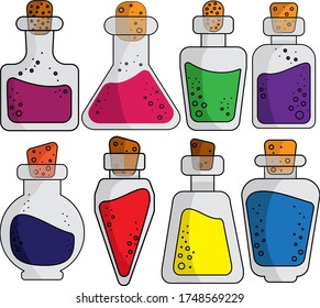 Vector illustration of a set of bottles of various shapes with multi-colored liquid in the style of a cartoon on a white background. Concept of laboratory, medicine, chemistry, magic, analysis